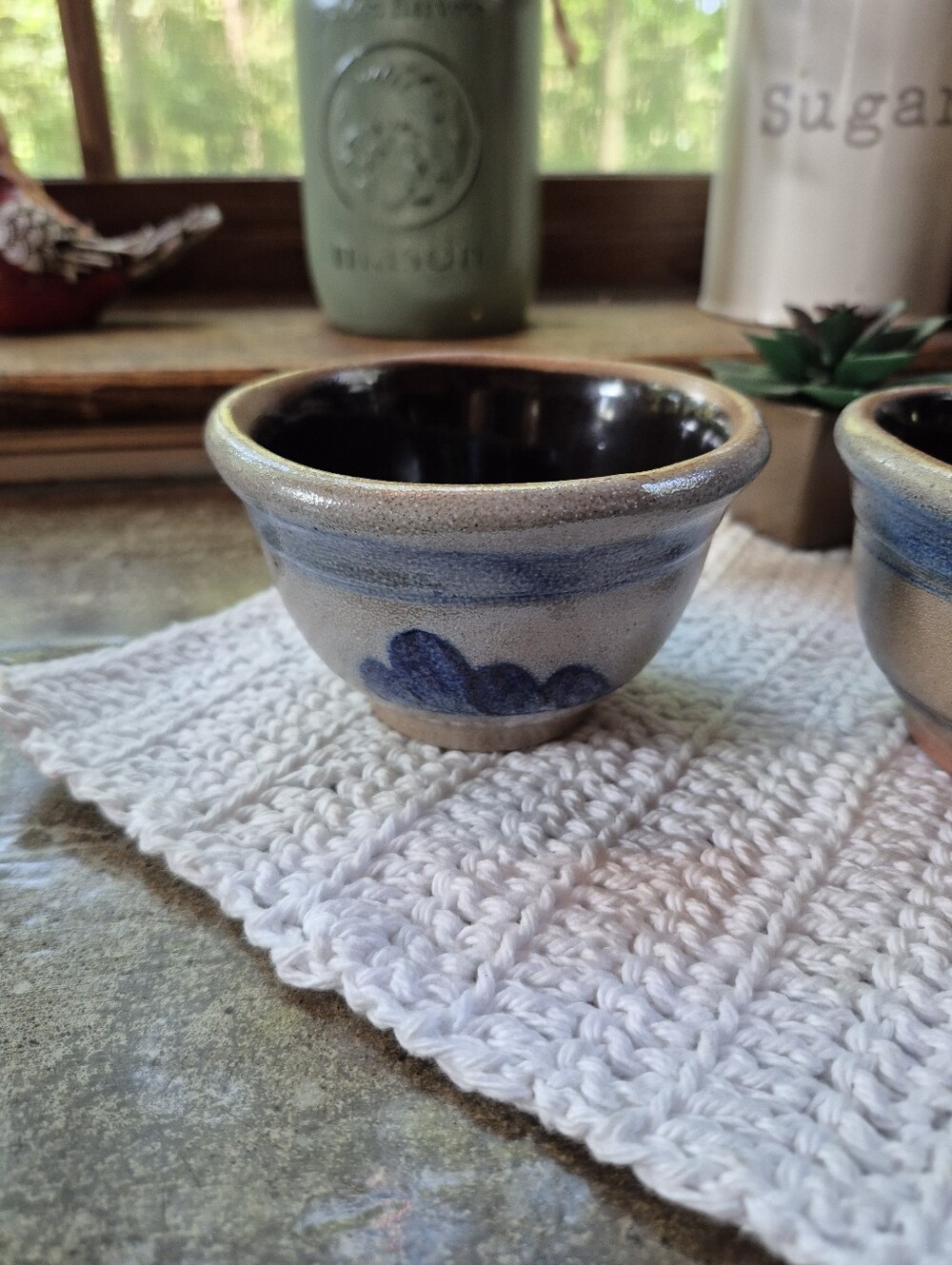 2pc. Vintage 1987 Rowe Pottery Works Blue Salt-Glazed Small Stoneware Bowls 4.5" - Picture 3 of 12